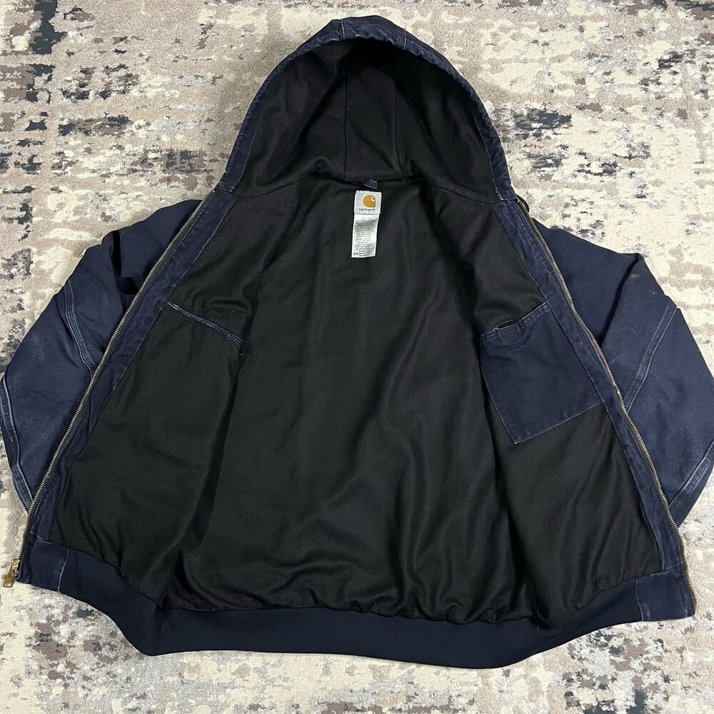 Vintage Carhartt Faded Navy Hooded Thermal Lined Canvas Jacket J25MDT Sz L Tall - Picture 2 of 15